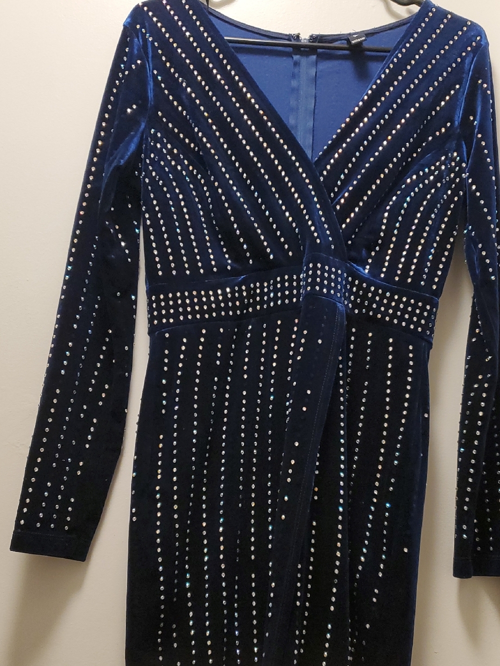 Fashion Nova Royal Blue Velvet Long Sleeve Rhinestone Wrap Dress